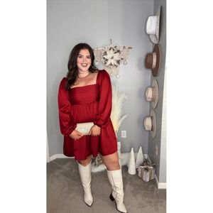 Abercrombie & Fitch Dark Red Satin Dress – Size XL – Romantic Puff Sleeve